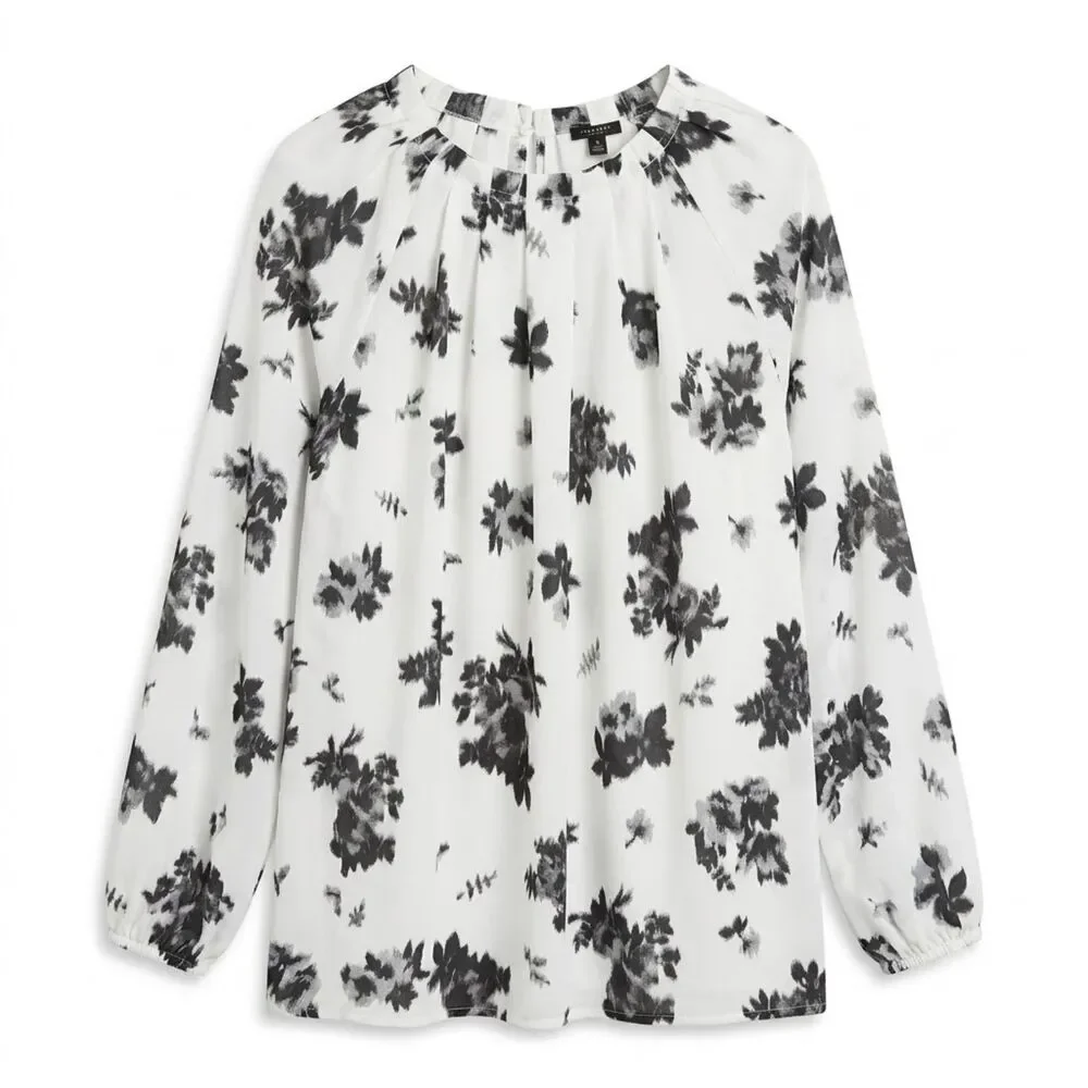 Ann Taylor XXL White Black Watercolor Floral Pleated Neck Long Sleeve Blouse